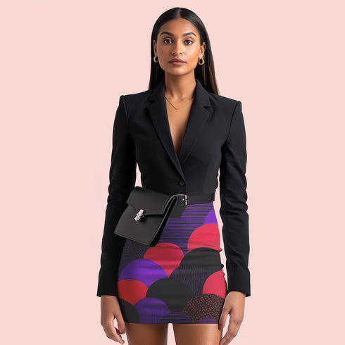 A woman wearing a black blazer and a colorful skirt with a pattern of circles and lines, standing against a pink background.